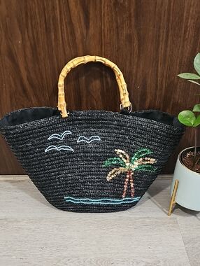 Black Straw Tote Bag with Bamboo Handles and Palm Tree Bead Detail
